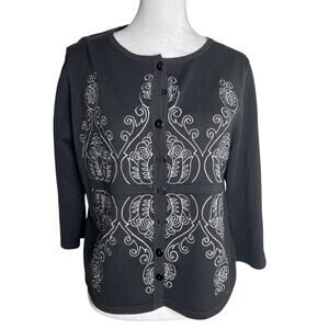 Cable & Gauge Cardigan Sweater Size L White Embroidary on Front 3/4 sleeve